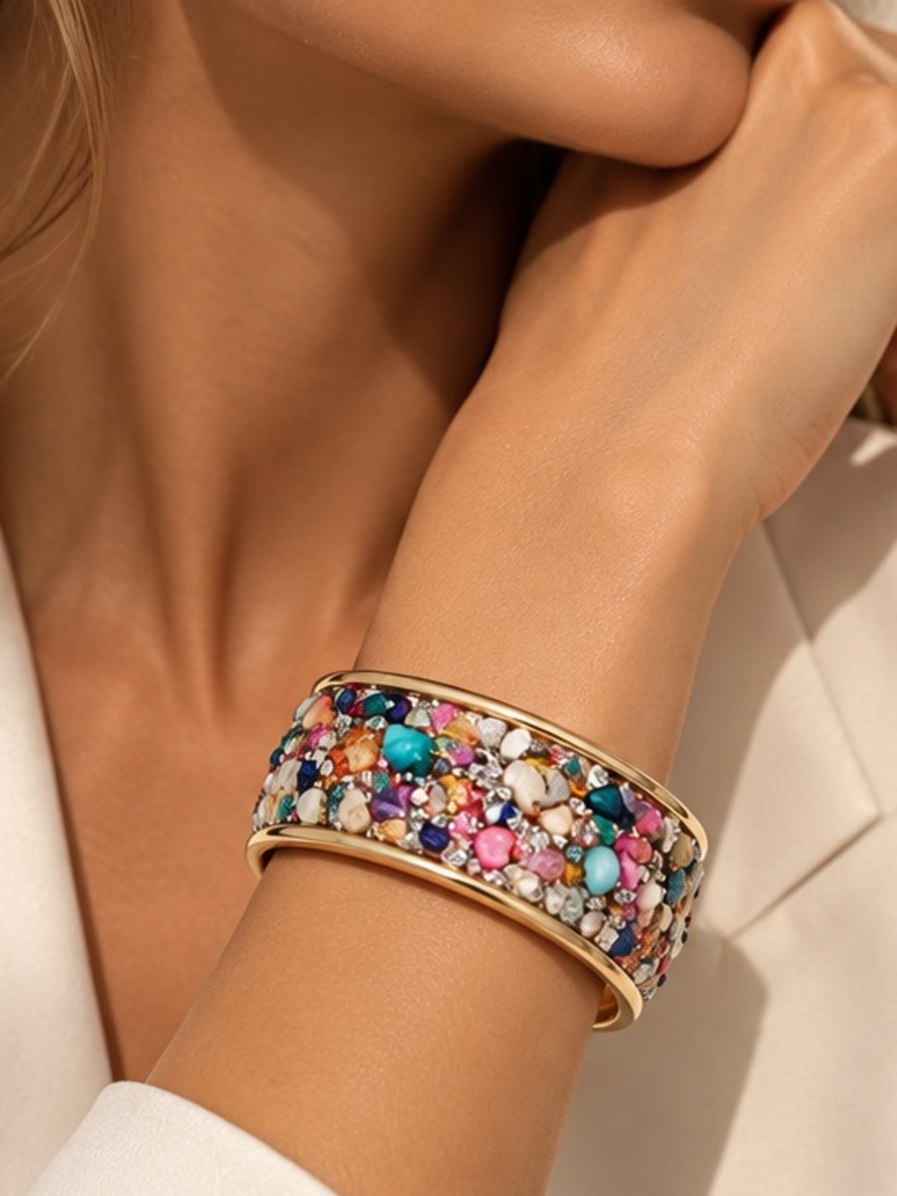 Gold Multicolor Stone Cuff Bracelet